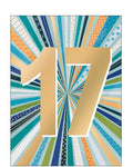 Make their milestone birthday shine with this bold and stylish 17th birthday card. The design features a large, eye-catching gold number "17" set against a vibrant green, blue and orange starburst background, creating a dynamic and celebratory look.