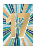 Make their milestone birthday shine with this bold and stylish 17th birthday card. The design features a large, eye-catching gold number "17" set against a vibrant green, blue and orange starburst background, creating a dynamic and celebratory look.