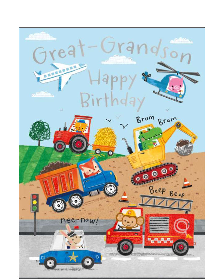 Delight your great-grandson on his special day with this fun and colourful birthday card, bursting with energy and imagination! The playful design features a variety of heavy vehicles – including a tractor, digger, fire engine, and even a helicopter piloted by a pig! All the vehicles are driven by adorable cartoon animals, adding charm and excitement to the scene.&nbsp;Finished with shiny silver foil text that reads “Great-Grandson...Happy Birthday”.