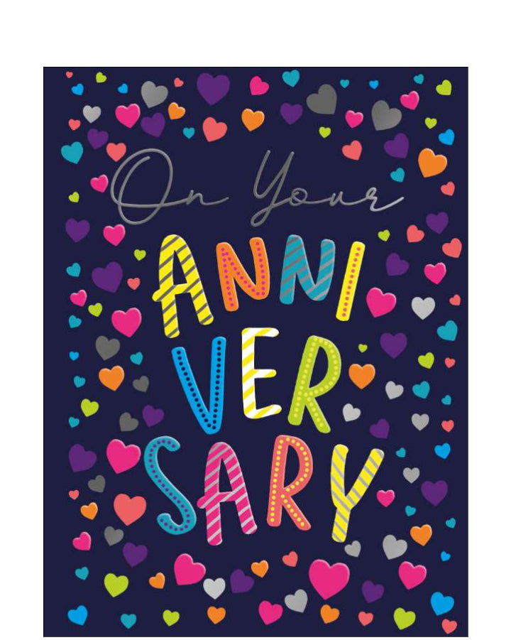 Celebrate love in bold style with this vibrant anniversary card, designed to make a statement. The card features large, colourful text that simply reads&nbsp;
"On Your Anniversary" set against a dramatic dark background scattered with bright,&nbsp;heart-shaped confetti for a festive and romantic feel.