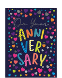 Celebrate love in bold style with this vibrant anniversary card, designed to make a statement. The card features large, colourful text that simply reads&nbsp;
"On Your Anniversary" set against a dramatic dark background scattered with bright,&nbsp;heart-shaped confetti for a festive and romantic feel.