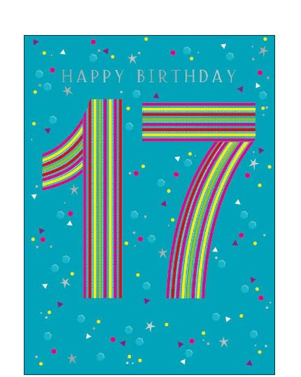 Celebrate a milestone in style with this vibrant 17th birthday card! The design features a bold and colourful number "17" filled with playful multicoloured stripes, standing out against a lively green background. The backdrop is sprinkled with cheerful mini polka dots and stars, adding a festive and energetic feel.