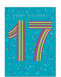 Celebrate a milestone in style with this vibrant 17th birthday card! The design features a bold and colourful number "17" filled with playful multicoloured stripes, standing out against a lively green background. The backdrop is sprinkled with cheerful mini polka dots and stars, adding a festive and energetic feel.