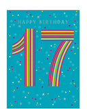 Celebrate a milestone in style with this vibrant 17th birthday card! The design features a bold and colourful number "17" filled with playful multicoloured stripes, standing out against a lively green background. The backdrop is sprinkled with cheerful mini polka dots and stars, adding a festive and energetic feel.