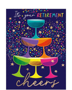 Celebrate the next chapter in style with this bold and modern retirement card, perfect for marking a well-earned milestone. Featuring a vibrant stack of brightly coloured champagne glasses set against a sleek dark background, this eye-catching design is bursting with celebration. Gold stars and playful confetti add a festive, party-ready feel.&nbsp;The front of the card reads “It’s Your Retirement...Cheers”