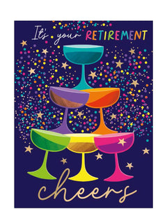 Celebrate the next chapter in style with this bold and modern retirement card, perfect for marking a well-earned milestone. Featuring a vibrant stack of brightly coloured champagne glasses set against a sleek dark background, this eye-catching design is bursting with celebration. Gold stars and playful confetti add a festive, party-ready feel.&nbsp;The front of the card reads “It’s Your Retirement...Cheers”