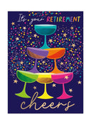Celebrate the next chapter in style with this bold and modern retirement card, perfect for marking a well-earned milestone. Featuring a vibrant stack of brightly coloured champagne glasses set against a sleek dark background, this eye-catching design is bursting with celebration. Gold stars and playful confetti add a festive, party-ready feel.&nbsp;The front of the card reads “It’s Your Retirement...Cheers”