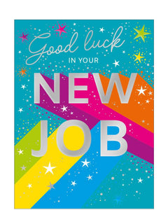 Celebrate a fresh start with this vibrant new job congratulations card, perfect for sending encouragement and positivity. Featuring bold, colourful streaks set against a rich teal background, this eye-catching design radiates energy and excitement. Shiny silver text on the front reads “Good Luck in Your New Job”. A simple, stylish message to mark the occasion.
