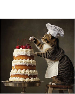This adorable card features the cutest cat chef you’ll ever see, carefully placing the final cherry on top of a towering three-tier sponge cake. With its charming illustration and playful theme, it’s the purr-fect card for cat lovers, baking fans, or anyone who enjoys a sweet sense of humour.

Whether you’re celebrating a birthday or simply want to brighten someone’s day, this whimsical design is sure to make them smile.