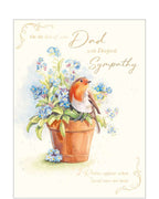 Express heartfelt condolences with our beautifully designed sympathy card, created to bring comfort during a difficult time. This elegant bereavement card features a serene illustration of a planted tub of flowers gently visited by a robin — a touching symbol of remembrance and love.

Embellished with gold foil text, the card reads "On the loss of your Dad with Deepest Sympathy... Robins appear when loved ones are near."