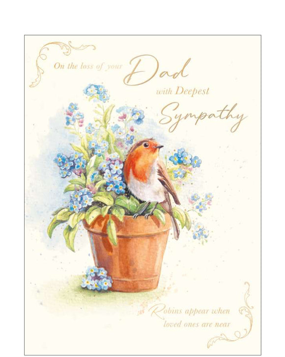 Express heartfelt condolences with our beautifully designed sympathy card, created to bring comfort during a difficult time. This elegant bereavement card features a serene illustration of a planted tub of flowers gently visited by a robin — a touching symbol of remembrance and love.

Embellished with gold foil text, the card reads 