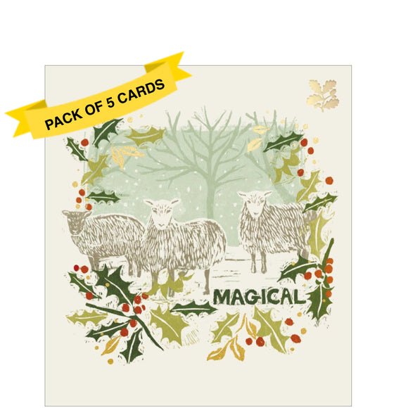 This pack of charity Christmas cards includes 5 cards of one design. The front of the cards is decorated with an illustration by Emily Needham showing three sheep in a snowy field. The scene is wreathed by sprigs of holly, while the caption on the front of the cards reads 