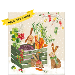 This pack of charity Christmas cards contains 5 cards of one design. The front of the cards are decorated with an illustration by Esme Litin showing a trio of hares stealing veggies from a delivery box.

A 45p donation is made by the publisher for every pack of this design sold and will be received in full by Greenfingers. Greenfingers is a national charity dedicated to creating magical and inspiring gardens for children and families who spend time in hospices across the UK.&nbsp;