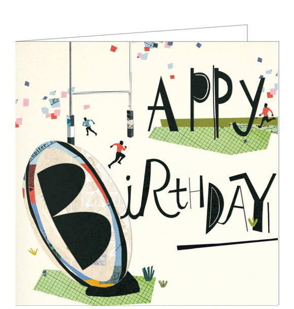 This art led design features a dynamic sketch of the essentials for a game of rugby. The goalposts cleverly form the initial H in Happy birthday in this card designed by Amy Eastland.