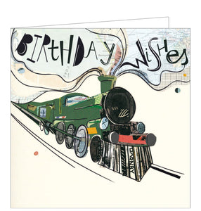 This fabulous birthday card for a steam engine fan is decorated with an illustration by Amy Eastland showing a green steam train sweeping across the card. Black text saying "Birthday Wishes" and a map are cleverly drawn into the steam issuing from the train. A stunning card for a rail enthusiast.