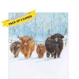 This pack of charity Christmas cards contains 5 cards of one design. The front of the cards are decorated with an illustration by Tim Mason showing a family of highland cows in the snow.