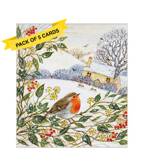 This pack of charity Christmas cards contains 5 cards of one design. The front of the cards are decorated with&nbsp;a charming sketch by Lucy Grossmith of a robin in a snowy landscape.