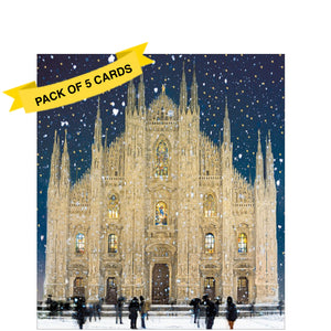 This pack of charity Christmas cards contains 5 cards of one design. The front of the cards are decorated with detail from an artwork&nbsp;showing Milan Cathedral in the snow.