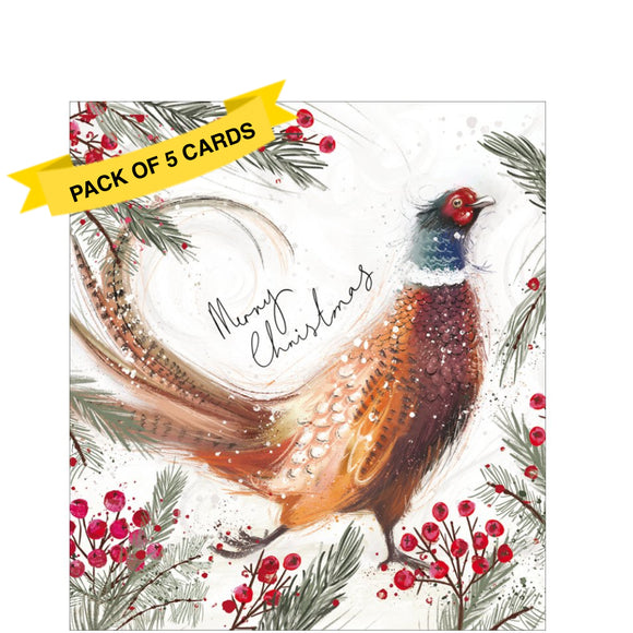 This pack of charity Christmas cards contains 5 cards of one design. The front of the cards are decorated with a beautiful sketch by Charlotte Oakley of a colourful pheasant amidst green fir and red berries. Text running up the pheasant's back reads 