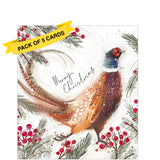 This pack of charity Christmas cards contains 5 cards of one design. The front of the cards are decorated with&nbsp;a beautiful sketch by Charlotte Oakley of a colourful pheasant amidst green fir and red berries. Text running up the pheasant's back reads "Merry Christmas".