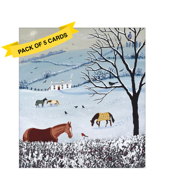 This pack of charity Christmas cards contains 5 cards of one design. The front of the cards are decorated with an illustration by Jo Grundy showing horses grazing in a snowy paddock.