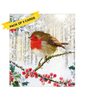 This pack of charity Christmas cards contains 5 cards of one design. The front of the cards are decorated with a charming illustration by Richard Macneil showing a robin perched on a snowy branch blooming with holly berries.