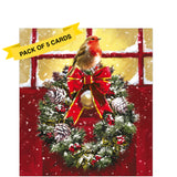 This pack of charity Christmas cards contains 5 cards of one design. The front of the cards are decorated with a stunning illustration by Richard Macneil showing a beautiful wreath-adorned red front door and a bold robin perched on top of the wreath.