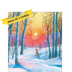 This pack of charity Christmas cards contains 5 cards of one design. The front of the cards are decorated with a beautiful illustration by Lisa Mann of a hare sitting in a snowy landscape as the sun rises.