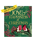 This pack of charity Christmas cards contains 5 cards of one design. The front of the cards are decorated with in Emma Bridgewater's inimitable style with a pair of robins perched on branches blooming with berries and winter foliage.&nbsp; Embossed gold text on the cards reads "Joy &amp; Happiness at Christmas".