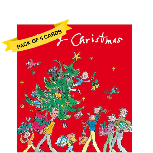 This pack of charity Christmas cards contains 5 cards of one design. The front of the cards are decorated with an illustration by Quentin Blake showing a family parading with a Christmas tree. The caption on the front of the cards reads 