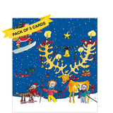 This pack of charity Christmas cards contains 5 cards of one design. The front of the cards are decorated with one of&nbsp;Quentin Blake's quirky designs, showing Santa arriving on a skateboard, Rudolph with humongous antlers, and children and a dog playing in the snow.