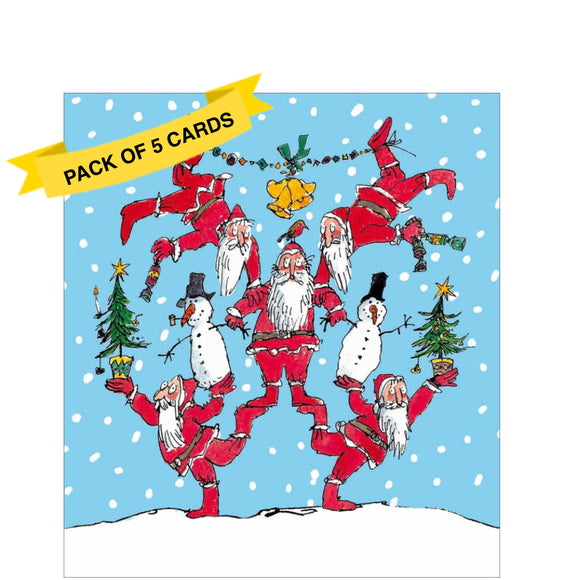 This pack of charity Christmas cards contains 5 cards of one design. The front of the cards are decorated with one of Quentin Blake's quirky illustration showing a group of Father Christmasses performing acrobatic tricks.