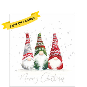 This pack of charity Christmas cards contains 5 cards of one design. The front of the cards are decorated with an illustration by Maria Belen Galizzi showing a trio of festive gonks under a sprinkling of snow. The caption on the front of the cards reads "Merry Christmas".