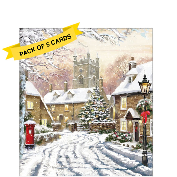 This pack of charity Christmas cards contains 5 cards of one design. The front of the cards are decorated with an illustration by Richard Macneil showing a village street leading up to a church, on a snowy evening.