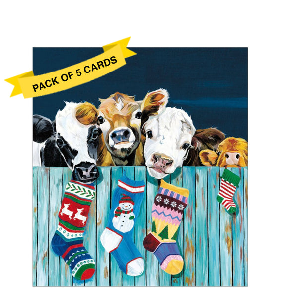 This pack of charity Christmas cards contains 5 cards of one design. The front of the cards are decorated with a warm and richly coloured artwork of 3 cows - and a baby calf - looking over a fence, waiting for Santa to come and fill their Christmas stockings.