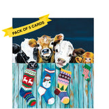 This pack of charity Christmas cards contains 5 cards of one design. The front of the cards are decorated with a&nbsp;warm and richly coloured artwork of 3 cows - and a baby calf - looking over a fence, waiting for Santa to come and fill their Christmas stockings.