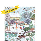 This pack of charity Christmas cards contains 5 cards of one design. The front of the cards are decorated with a charming sketch by Lucy Grossmith of three children and their dog building a snowman in a snow-covered cottage garden.