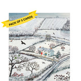 This pack of charity Christmas cards contains 5 cards of one design. The front of the cards are decorated with an illustration by Jo Grundy showing a pair of colourful cottages in a snowy landscape.