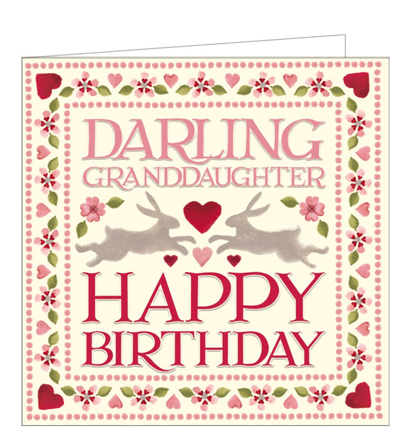 This elegant birthday card for granddaughter is decorated in Emma Bridgewater's inimitable style, with pink hearts forming a border. Two hares form the centrepiece surrounded by embossed pink text that reads 