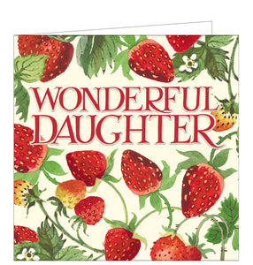 This elegant birthday card for a special daughter is decorated in Emma Bridgewater's inimitable style, with luscious strawberries surrounding embossed red text that reads "Wonderful Daughter".