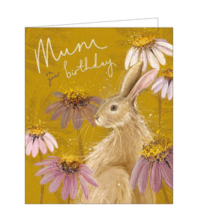 This beautiful birthday card for a special mum features a stunning design from Woodmansterne's gorgeous Bracken & Brambles collection. In autumnal colours a hare sits amongst lilac flower heads, finished with luxurious gold detail. The caption on the front of the card reads "Mum on your birthday".