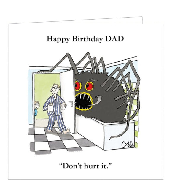 This birthday card for a special dad is decorated with a cartoon by Tim Cordell showing a little boy peering around the bathroom door saying 