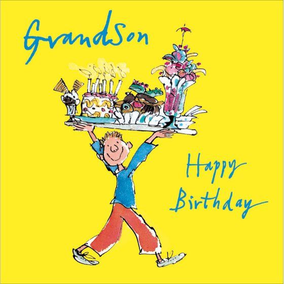 This cute birthday card for a special grandson is decorated with a Quentin Blake illustration showing a youngster carrying a tray filled with cakes and ice creams. The caption on the front of the card reads 