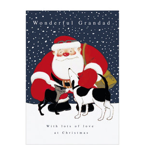 This lovely Christmas card for a special grandad features an image from Raymond Briggs' Father Christmas stories, showing Santa Claus meeting a cat and dog on a snowy christmas eve. The caption on the front of the card reads "Wonderful Grandad...with lots of love at Christmas".