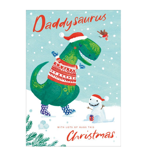 This adorable christmas card for a special daddy shows a happy dinosaur, dressed in a santa hat and christmas jumper, proudly showing off the snowman he's built. The caption on the front of this christmas card reads 