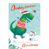 This adorable christmas card for a special daddy shows a happy dinosaur, dressed in a santa hat and christmas jumper, proudly showing off the snowman he's built. The caption on the front of this christmas card reads "Daddysaurus...with lots of hugs this Christmas".