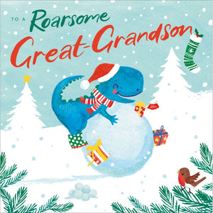 This adorable Christmas card for a special great-grandson is decorated with a blue t-rex dinosaur, dressed in wellies, a santa hat and scarf, rolling on top of a giant snowball.&nbsp;The caption on the front of the card reads "To a Roarsome Great-Grandson".