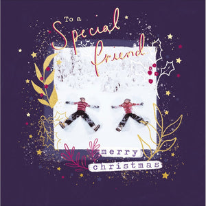 This christmas card for a special friend is decorated with a photograph of two people - in matching outfits making snow angels. The caption on the front of the card reads "To a Special Friend...Merry Christmas".