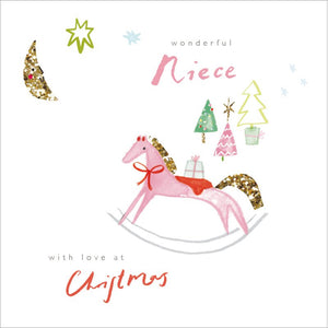 This adorable christmas card for a special niece is decorated with a pink rocking horse with a golden tail, carrying a Christmas gift on its back.

The caption on the front of the card reads "wonderful Niece, with love at Christmas".