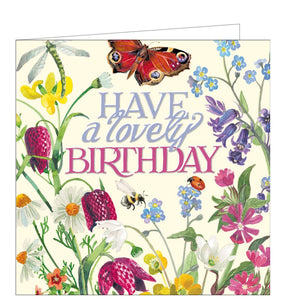 This elegant birthday card is decorated in Emma Bridgewater's inimitable style, with a beautiful display of wild flowers, and insects. Blue and pink text reads "Have a lovely Birthday" against Emma's signature creamy background.
